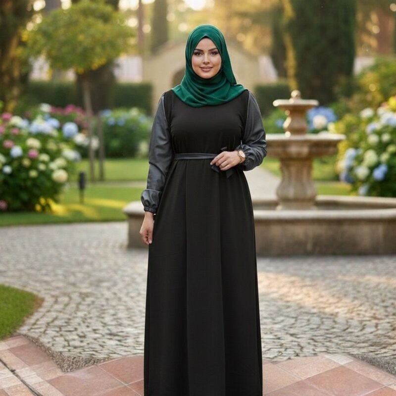 Vestido con mangas de cuero